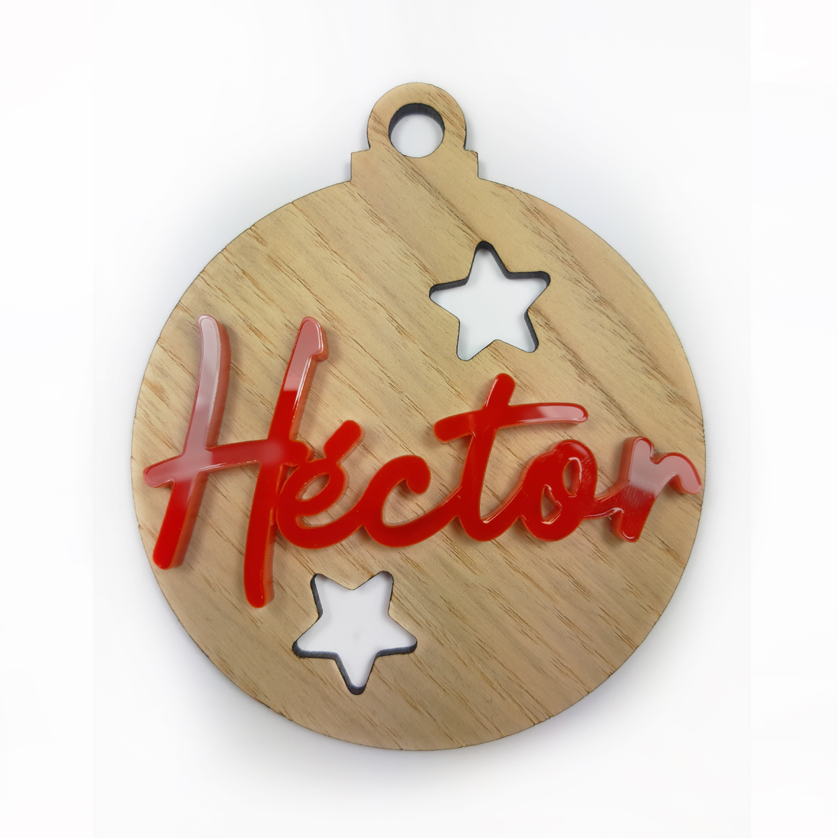Bola de Navidad Madera 2 Estrellas Personalizada con nombre - Imagen 3